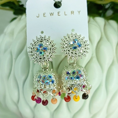 Picture of - Classic Indian Style Silver Earrings with Blue Rhinestones, Dome Design, and Multicolor Beads – Fashion Jewelry for Women