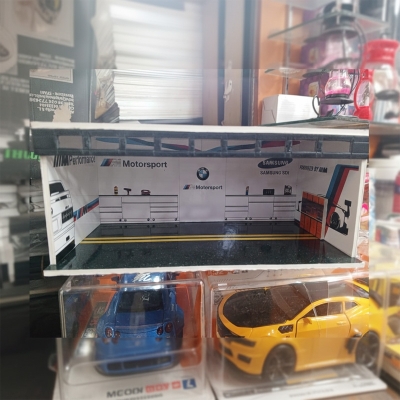 Picture of 1:64 scale BMW M Motorsport garage diorama for die-cast model cars.