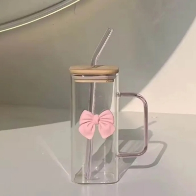 Picture of 350ML Square Mug with Lids and Straws with Bow Water Cup Household Cup Female Milk Coffee