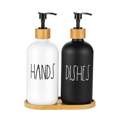 Picture of JAERBEE Hand and Dish Soap Dispenser for Kitchen Sink - Farmhouse Kitchen Soap Dispenser Set with Tray (Black & White)