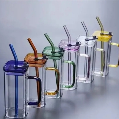 Picture of 400ml Glass Cup With Lid and Straw Transparent Bubble Tea Cup Juice Glass Beer Can Milk Mocha Cups Breakfast Mug Drinkware