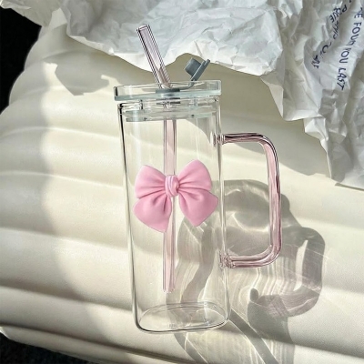 Picture of Girls Lovely Delicate Bownot Glass Cup with Straws and Lids, Lemon Tea Cup, Milk Cup For Home, Office, Dining Room (Pink Bowknot) (Pink)