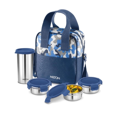 Picture of MILTON Camo Feast Stainless Steel Tiffin (3 Click Lock Round Containers, 300 ml Each; 1 Tumbler, 400 ml) with Insulated Jacket, Blue (Blue)