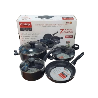 Picture of Prestiege Granite Coated 7 Pcs Non stick  Cookware Set For Superior Release -1Pc Casserol, 1Pc Fry pan, 1Pc Karai, 1Pc Milk pan and 3 lids Gift And Home Use
