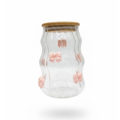 Picture of 1Pc Glass Cup with Lid and Straw, Elegant Bow-Knot Glass Cup for Girls, Wavy Glass Cup with Lid and Straw, Striped Glass Cup, Suitable for Home Decoration, Home Drinking, Breakfast Cup, Milk Cup, Afternoon Tea Coffee Cup, Valentine's Day Gift (Pink)