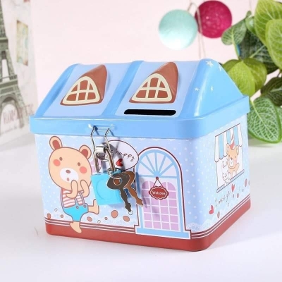 Picture of House Shaped Metal Coinbox with Lock & Key – Cute Tin Piggy Bank (Pink & Blue)