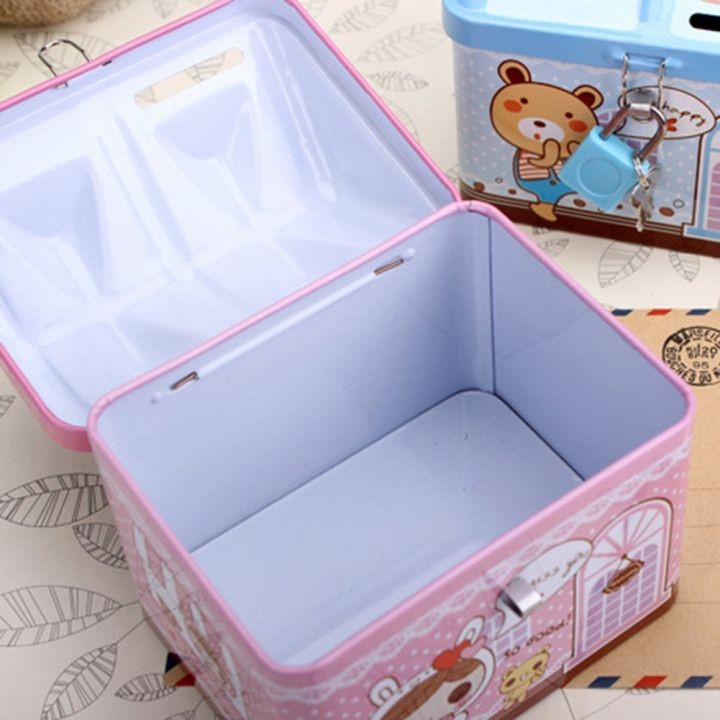 Picture of House Shaped Metal Coinbox with Lock & Key – Cute Tin Piggy Bank (Pink & Blue)