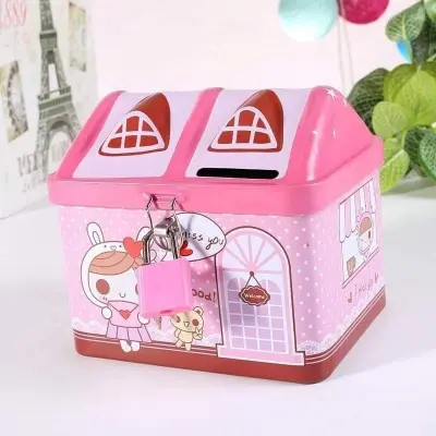 Picture of House Shaped Metal Coinbox with Lock & Key – Cute Tin Piggy Bank (Pink & Blue) - Pink