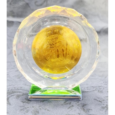 Picture of unique Islamic Allah / Mohammed writing golden crystal dex corner  plate showpiece