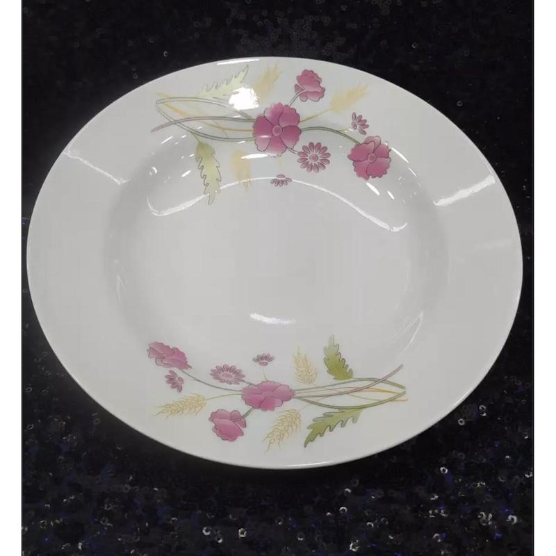 Picture of 6 Pcs Ceramic Flower Print Dinner Plate Set 9"lnch, Deep Rice Dinner Plate, White Color Wikth print. Microwave oven save,Dishwasher Save,Dining Plate Set. CD:MO0