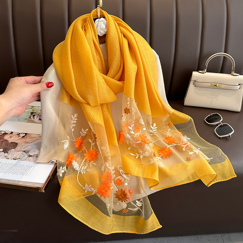 Picture of Soft comfortable Luxury Silk Shawl  Scarf for Women Design Embroidery Flowers Hijab Wraps Bufandas Female Headkerchief Fouloud Echarpe suitable summer