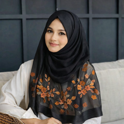 Picture of Soft comfortable Luxury Silk Shawl  Scarf for Women Design Embroidery Flowers Hijab Wraps Bufandas Female Headkerchief Fouloud Echarpe suitable summer