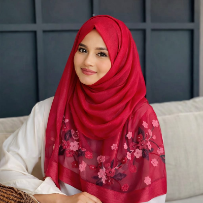 Picture of Soft comfortable Luxury Silk Shawl  Scarf for Women Design Embroidery Flowers Hijab Wraps Bufandas Female Headkerchief Fouloud Echarpe suitable summer