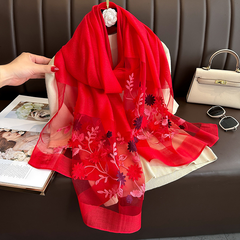 Picture of Soft comfortable Luxury Silk Shawl  Scarf for Women Design Embroidery Flowers Hijab Wraps Bufandas Female Headkerchief Fouloud Echarpe suitable summer