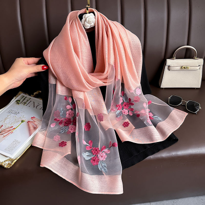 Picture of Soft comfortable Luxury Silk Shawl  Scarf for Women Design Embroidery Flowers Hijab Wraps Bufandas Female Headkerchief Fouloud Echarpe suitable summer