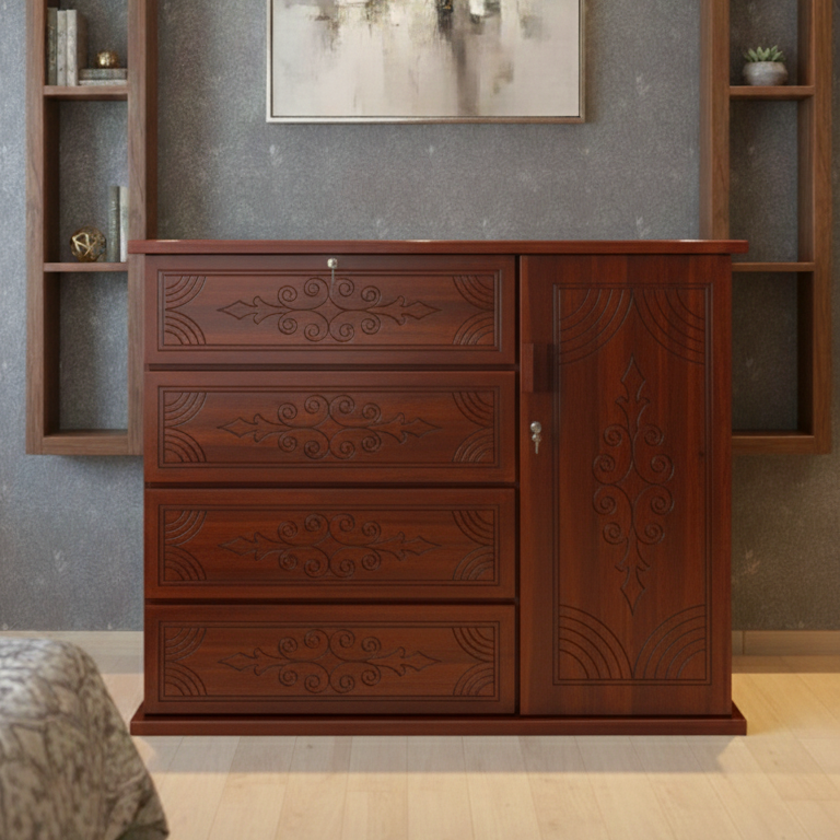 Picture of JIAOUN Deco Paint Lacquer Polish Wardrobe, 4 Drawer with 1 Door Cabinet Storage Wardrobe, Closet with Clothes Hanging Rail Bedroom Furniture 48/54