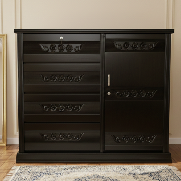 Picture of VOWNER Deco Paint Lacquer Polish Wardrobe, 4 Drawer with 1 Door Cabinet Storage Wardrobe, Closet with Clothes Hanging Rail Bedroom Furniture 48/54