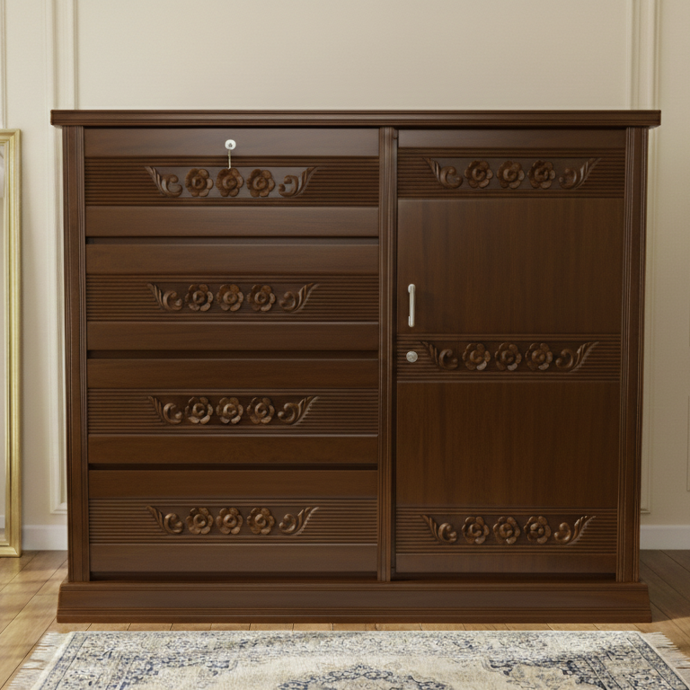 Picture of VOWNER Deco Paint Lacquer Polish Wardrobe, 4 Drawer with 1 Door Cabinet Storage Wardrobe, Closet with Clothes Hanging Rail Bedroom Furniture 48/54