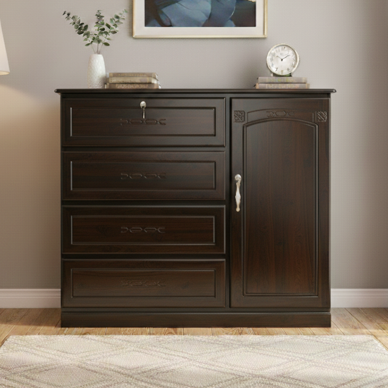 Picture of MOUMON Deco Paint Lacquer Polish Wardrobe, 4 Drawer with 1 Door Cabinet Storage Wardrobe, Closet with Clothes Hanging Rail Bedroom Furniture 48/54