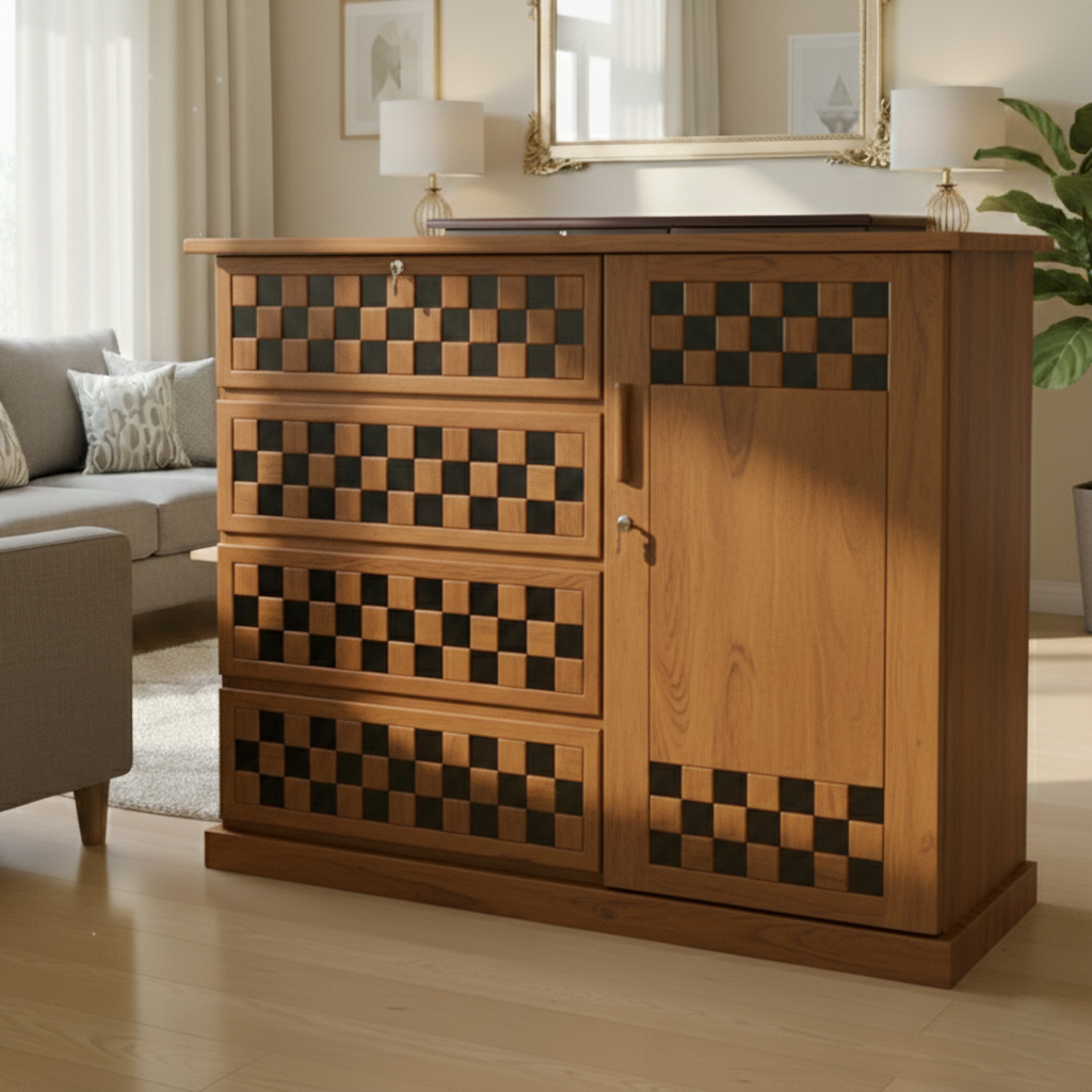 Picture of BYNSOE Deco Paint Lacquer Polish 3D Wardrobe, 4 Drawer with 1 Door Cabinet Storage Wardrobe, Closet with Clothes Hanging Rail Bedroom Furniture 48/54