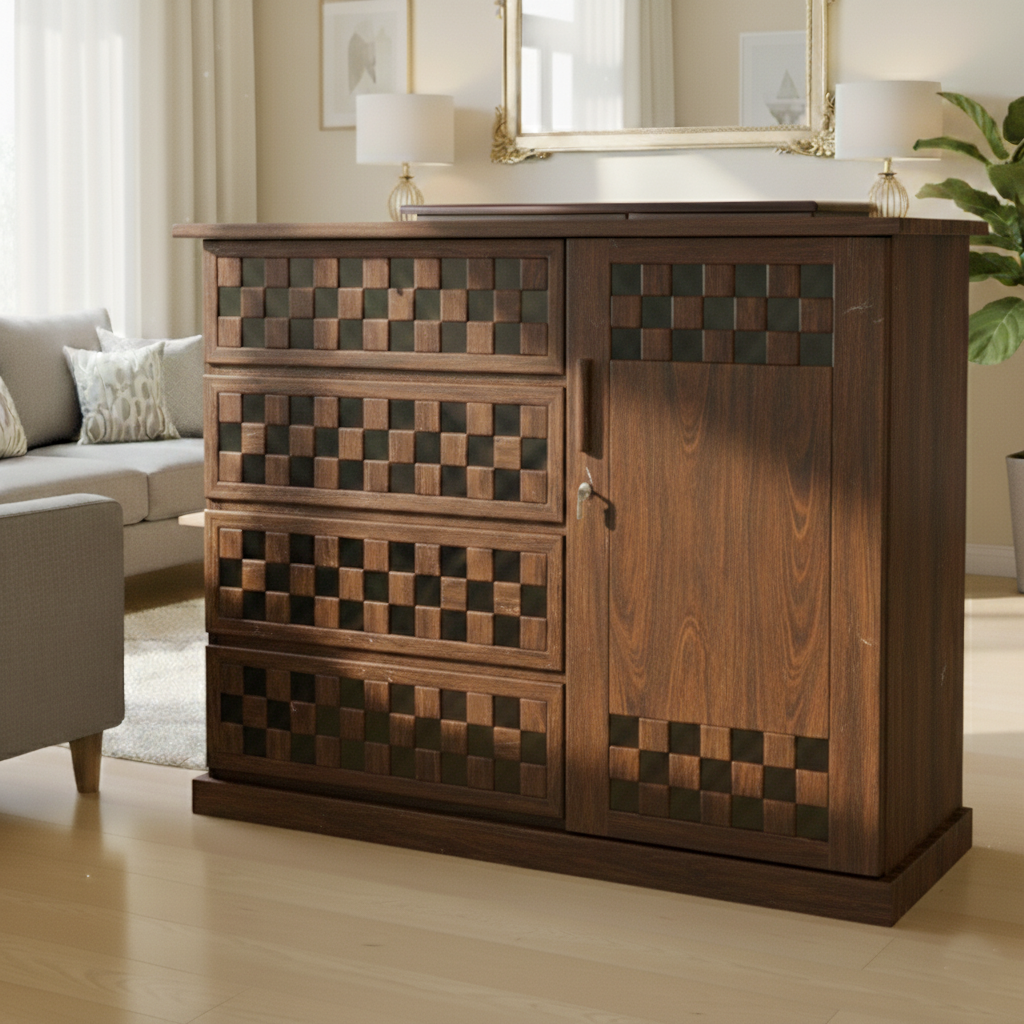 Picture of BYNSOE Deco Paint Lacquer Polish 3D Wardrobe, 4 Drawer with 1 Door Cabinet Storage Wardrobe, Closet with Clothes Hanging Rail Bedroom Furniture 48/54