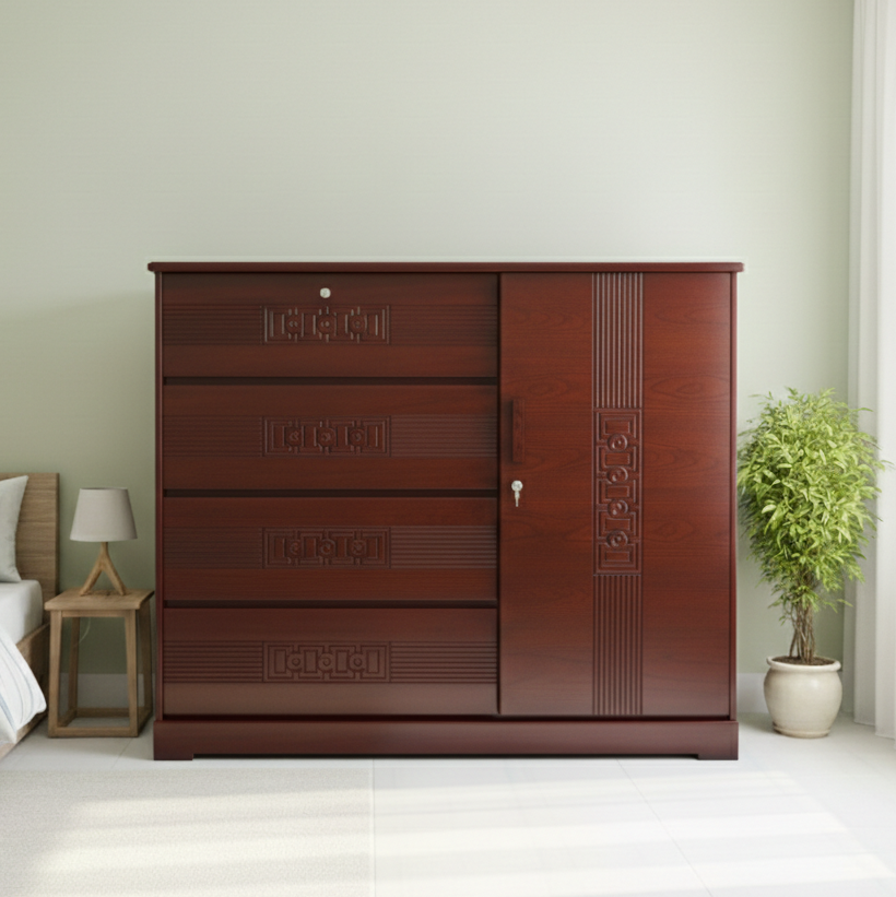 Picture of PANAMA Deco Paint Lacquer Polish Wardrobe, 4 Drawer with 1 Door Cabinet Storage Wardrobe, Closet with Clothes Hanging Rail Bedroom Furniture 48/54