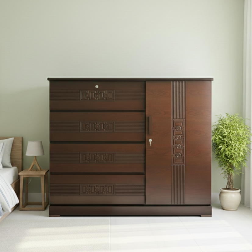 Picture of PANAMA Deco Paint Lacquer Polish Wardrobe, 4 Drawer with 1 Door Cabinet Storage Wardrobe, Closet with Clothes Hanging Rail Bedroom Furniture 48/54