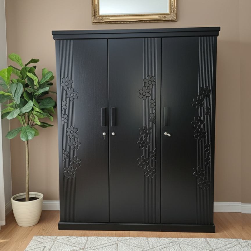 Picture of Flora Deco Paint Lacquer Polish 3 Door Almirah, Rich Home Wardrobe for Bedroom, Multiple Shelves to Organise your Clothes, Coat & Shari Hanging Rod, Lockable Door & Drawer Almirah 72/48