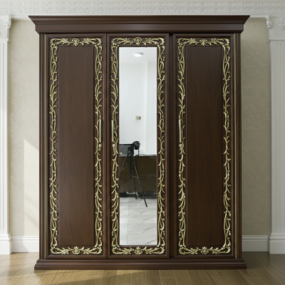 Picture of Alina Gold Deco Paint Lacquer Polish 3 Door Almirah with Full View Mirror, Rich Home Wardrobe for Bedroom, Multiple Shelves to Organise your Clothes, Hanging Rod, Lockable Door & Drawer Almirah 72/48