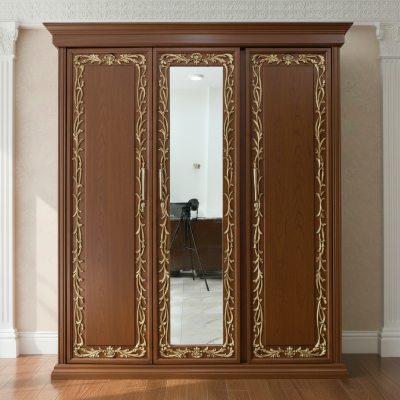 Picture of Alina Gold Deco Paint Lacquer Polish 3 Door Almirah with Full View Mirror, Rich Home Wardrobe for Bedroom, Multiple Shelves to Organise your Clothes, Hanging Rod, Lockable Door & Drawer Almirah 72/48