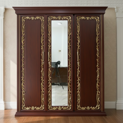 Picture of Alina Gold Deco Paint Lacquer Polish 3 Door Almirah with Full View Mirror, Rich Home Wardrobe for Bedroom, Multiple Shelves to Organise your Clothes, Hanging Rod, Lockable Door & Drawer Almirah 72/48