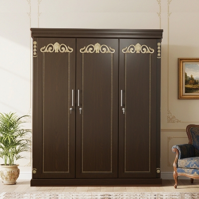 Picture of Letaya Gold Deco Paint Lacquer Polish 3 Door Almirah, Rich Home Wardrobe for Bedroom, Multiple Shelves to Organise your Clothes, Hanging Rod, Lockable Door & Drawer Almirah 72/48