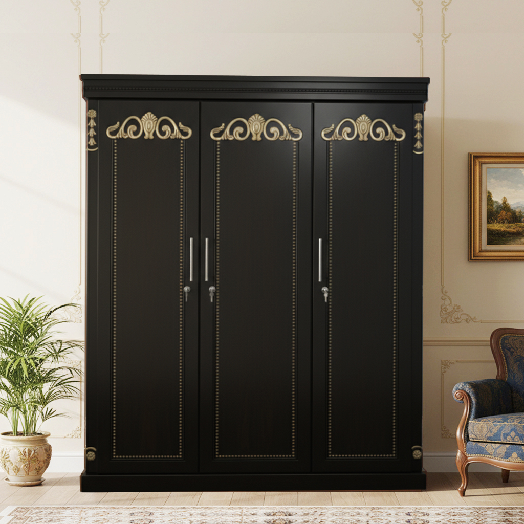 Picture of Letaya Gold Deco Paint Lacquer Polish 3 Door Almirah, Rich Home Wardrobe for Bedroom, Multiple Shelves to Organise your Clothes, Hanging Rod, Lockable Door & Drawer Almirah 72/48