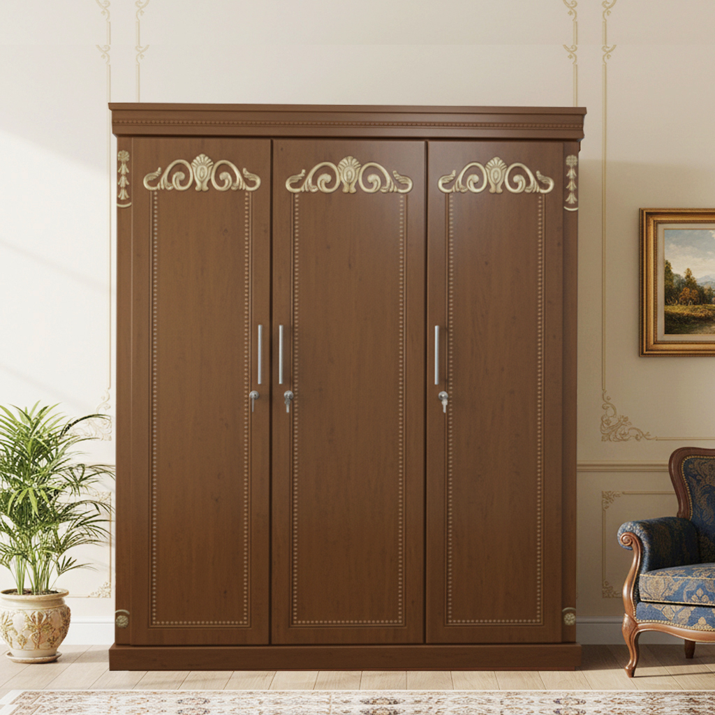 Picture of Letaya Gold Deco Paint Lacquer Polish 3 Door Almirah, Rich Home Wardrobe for Bedroom, Multiple Shelves to Organise your Clothes, Hanging Rod, Lockable Door & Drawer Almirah 72/48
