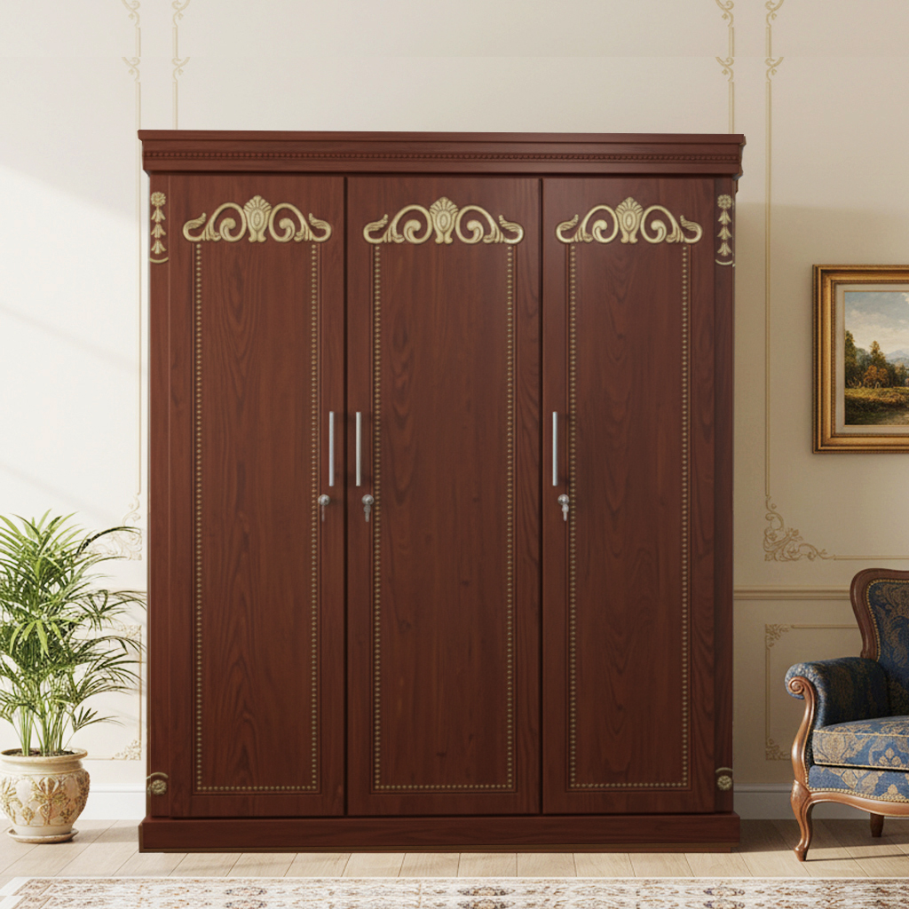 Picture of Letaya Gold Deco Paint Lacquer Polish 3 Door Almirah, Rich Home Wardrobe for Bedroom, Multiple Shelves to Organise your Clothes, Hanging Rod, Lockable Door & Drawer Almirah 72/48