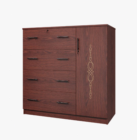 Picture of Furnisha Florina CNC Design Cupboard Wardrobe, Chest of 4 Drawers with 1 Clothes Hanging Space Storage Wardrobe, Storage Organizer Unit for Bedroom, Hallway, Entryway, Easy Pull Drawers, 48/48'