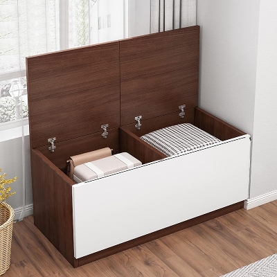 Picture of Large Capacity Storage Chest with Safety Hinge,Flip-top Wooden Storage Bench,Space Saving Shoe Storage Cabinet for Living Room Bedroom Entryway-Walnut White 16/36