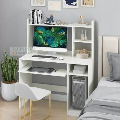Picture of Modern Computer Desk With with Keyboard Tray, CPU Stand, Reading Table with Storage Bookshelf, Writing Desk, Book Shelves, Home Sturdy Office Desk For Study Room,Living Room,Office White 48/36''