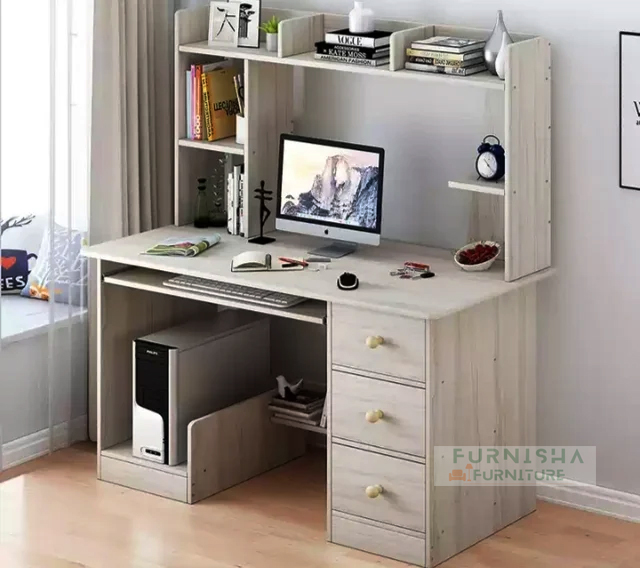 Picture of Modern Computer Desk With with Keyboard Tray, CPU Stand, Reading Table with Storage Bookshelf, Writing Desk, Book Shelves, Home Sturdy Office Desk For Study Room,Living Room,Office White 48/36''
