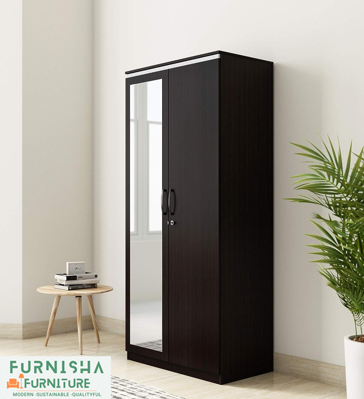 Picture of 2 Door Almirah Engineered Wood Wardrobe with  Cloths storage Shelve Hanger Rack & inner Lock Drawer and Full  View Mirror (Espresso Black Finish72/24'')