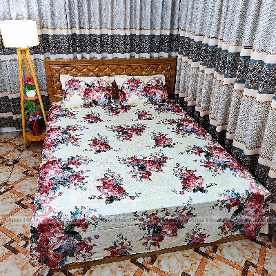 Picture of Primium King size Twill cotton Bedsheet with Pillow cover Chador set twill cotton  7.5×8.25feet Full cotton fabric Green ,  Fluorescent Green  , Cream