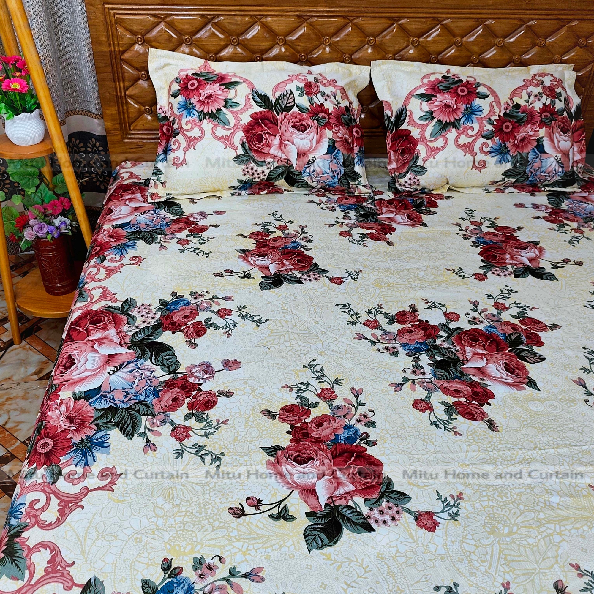 Picture of Primium King size Twill cotton Bedsheet with Pillow cover Chador set twill cotton  7.5×8.25feet Full cotton fabric Green ,  Fluorescent Green  , Cream