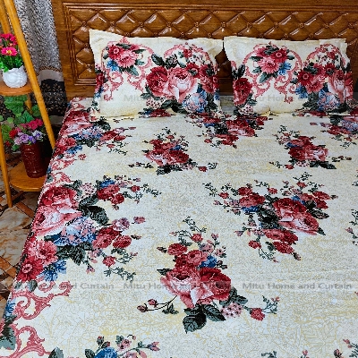 Picture of Primium King size Twill cotton Bedsheet with Pillow cover Chador set twill cotton  7.5×8.25feet Full cotton fabric Green ,  Fluorescent Green  , Cream