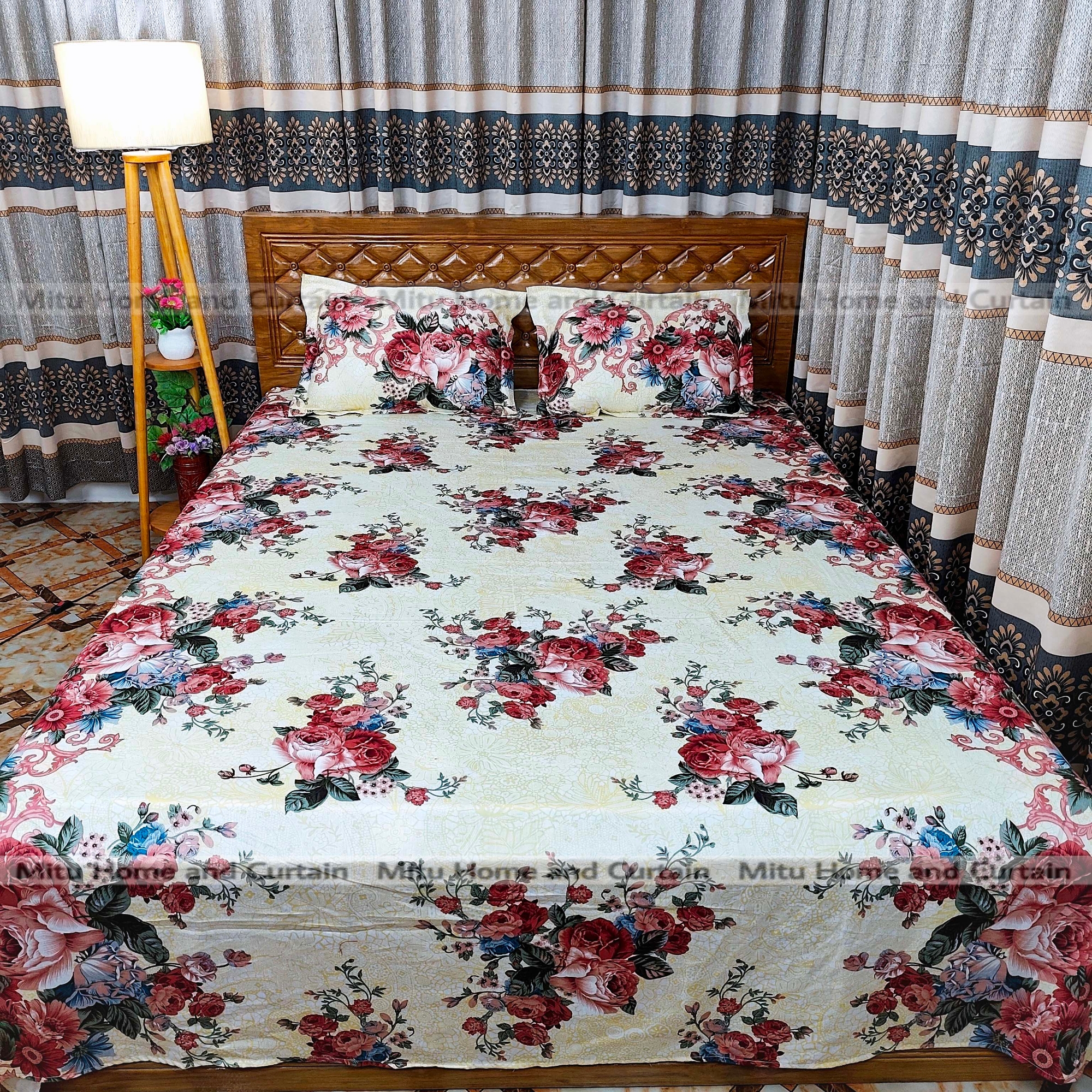 Picture of Primium King size Twill cotton Bedsheet with Pillow cover Chador set twill cotton  7.5×8.25feet Full cotton fabric Green ,  Fluorescent Green  , Cream