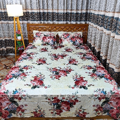 Picture of Primium King size Twill cotton Bedsheet with Pillow cover Chador set twill cotton  7.5×8.25feet Full cotton fabric Green ,  Fluorescent Green  , Cream