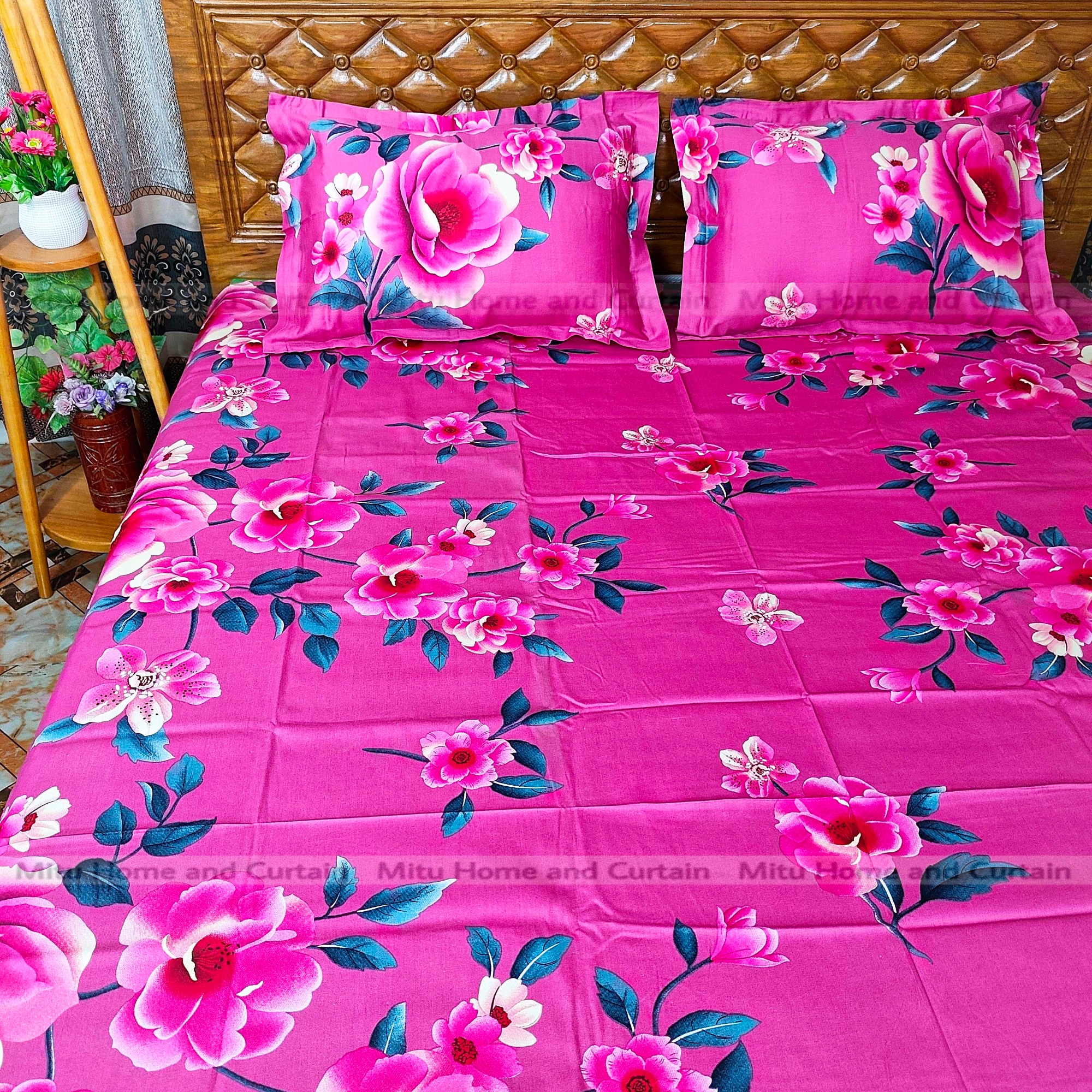 Picture of Primium King size Twill cotton Bedsheet with Pillow cover Chador set twill cotton  7.5×8.25feet Full cotton fabric Green ,  Fluorescent Green  , Cream