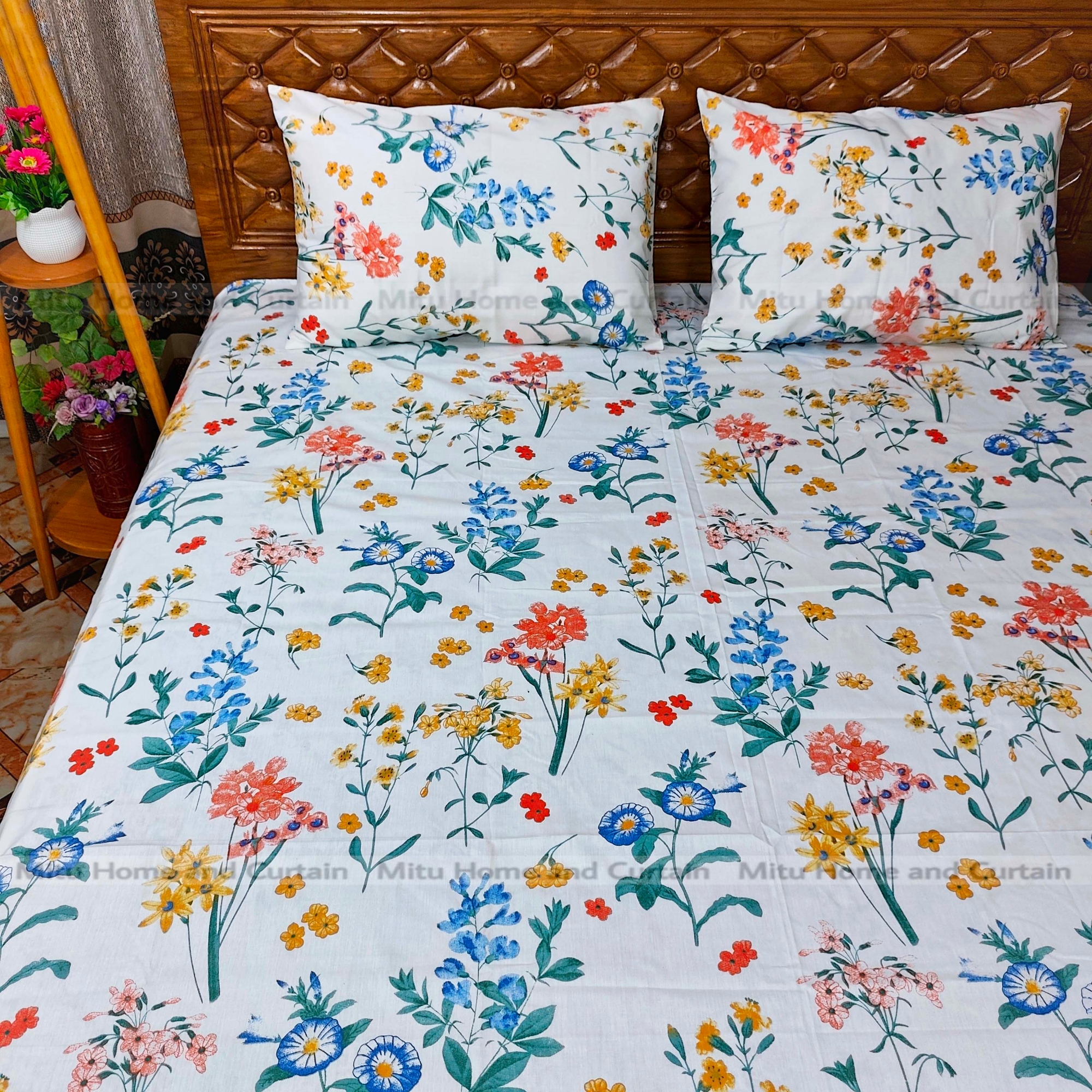 Picture of Primium King size Export Twill cotton Bedsheet with Pillow cover Chador set Export twill cotton  7.5×8.25feet Full cotton fabric Green ,  Fluorescent Green  , Cream