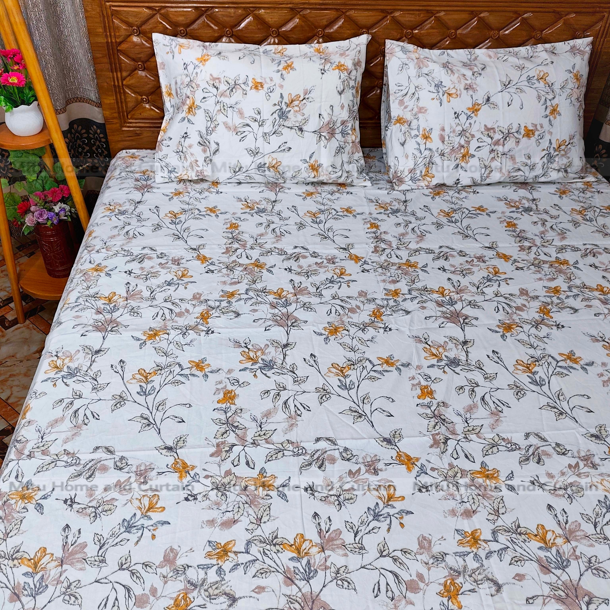 Picture of Primium King size Export Twill cotton Bedsheet with Pillow cover Chador set Export twill cotton  7.5×8.25feet Full cotton fabric Green ,  Fluorescent Green  , Cream