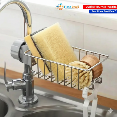 Picture of Faucet Sink Rack Rag Drain Storage Rack Household Kitchen Toilet Bathroom Organizer Punch Free Sink Storage Rack Stainless Steel Drain Rack Sponge Soap Cloth Storage Holder Shelf (Silver)