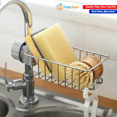 Picture of Faucet Sink Rack Rag Drain Storage Rack Household Kitchen Toilet Bathroom Organizer Punch Free Sink Storage Rack Stainless Steel Drain Rack Sponge Soap Cloth Storage Holder Shelf (Silver)